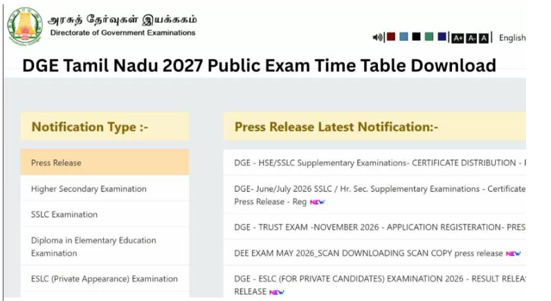 TN Public Exam Timetable 2027: Check Class 10 and 12 Schedule at dge.tn.gov.in